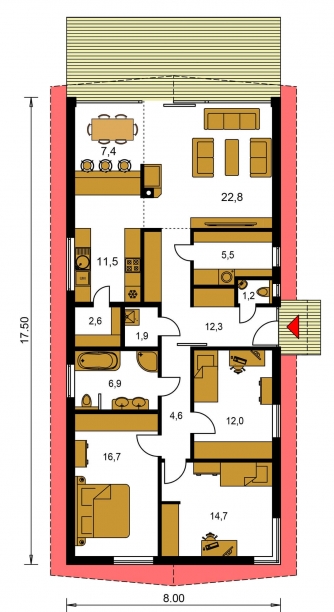 Spiegelverkehrter Entwurf | Grundriss des Erdgeschosses - BUNGALOW 168
